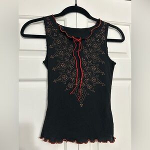 Vintage Y2K Costa Blanca Black Top with Red Suede Tie and Bead Detailing Small